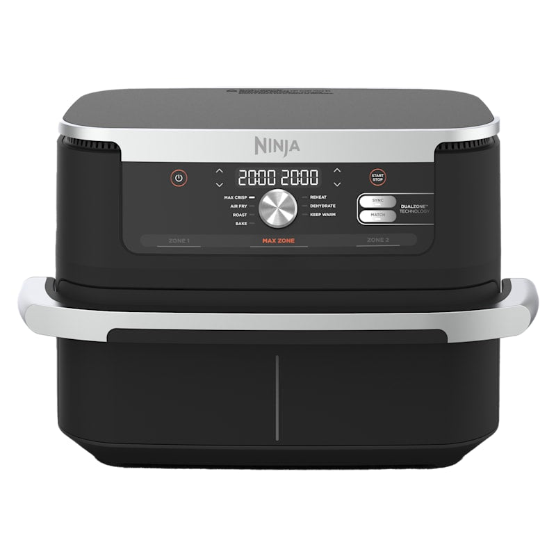 A front-facing view of the black Ninja Foodi FlexDrawer Air Fryer AF500UK featuring its 10.4L MegaZone drawer.