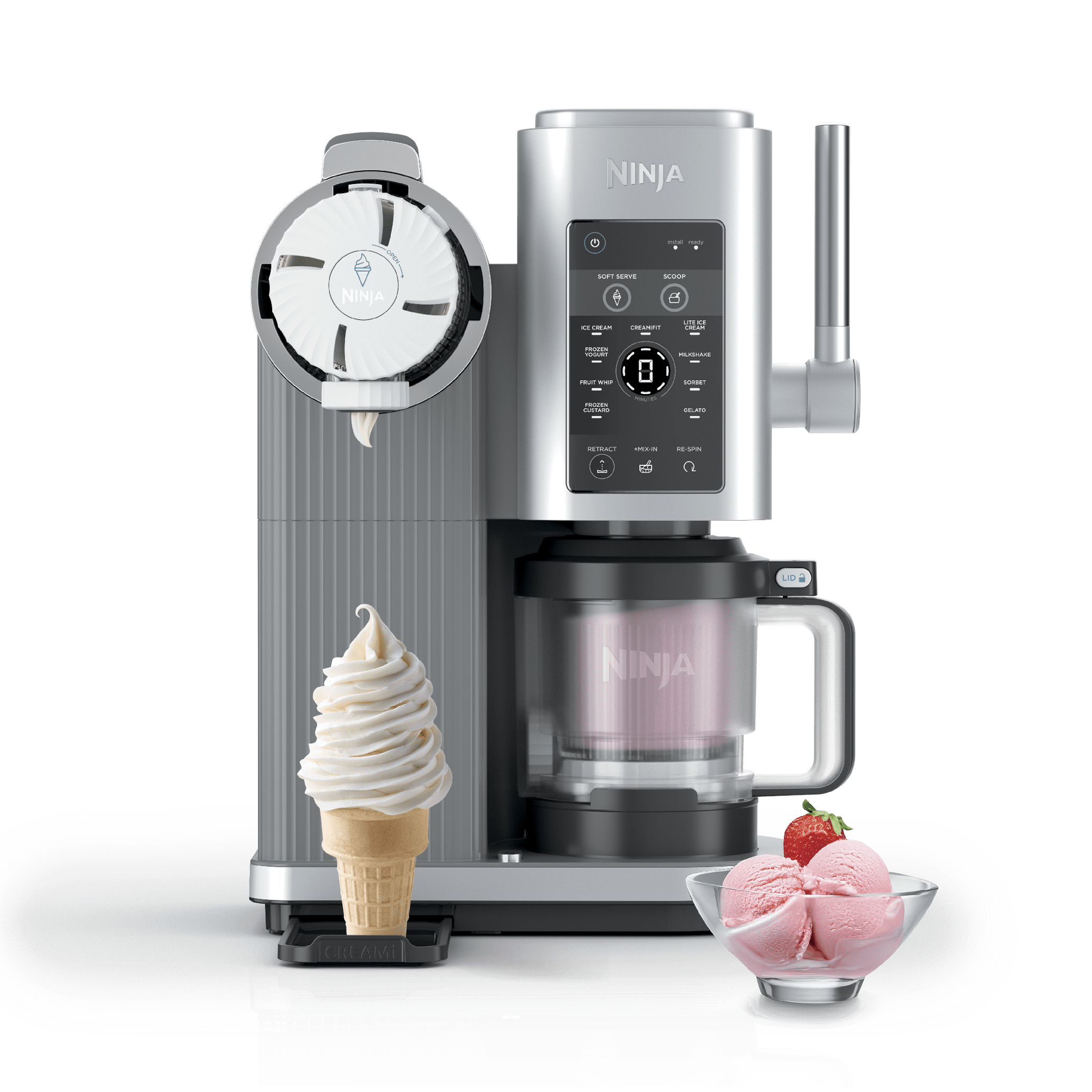 Ninja CREAMi Scoop & Swirl Soft Serve Ice Cream Machine in Platinum Silver with a cone of soft serve and a bowl of ice cream.